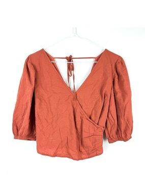 Abercrombie & Fitch Rust Wrap Blouse Linen Blend Balloon Sleeve Top Rust Orange